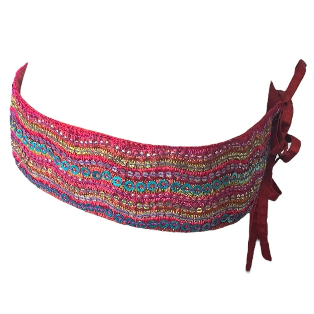 Vintage Sequin Belt Tie Red Blue Bohemian Festival Old Navy Size S/M